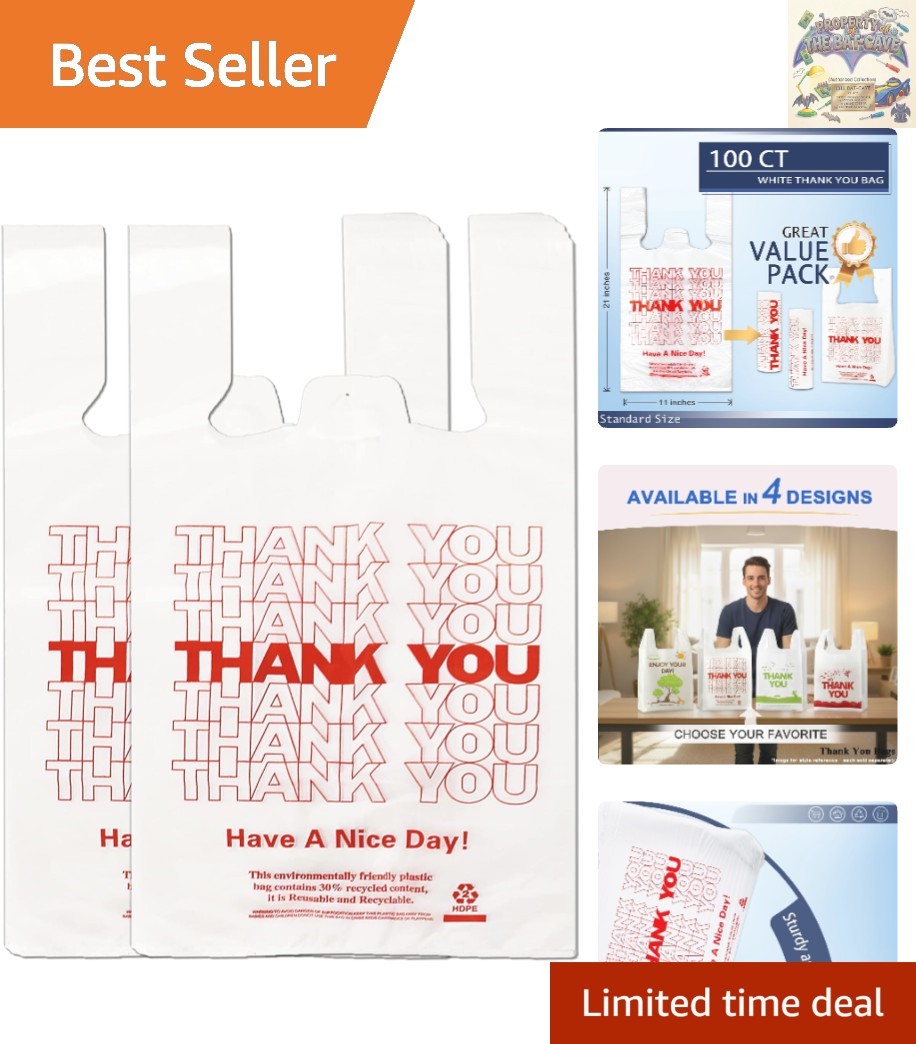 High-Density White Shopping Bags – 100-Pack Thank You T-Shirt Style for Retail