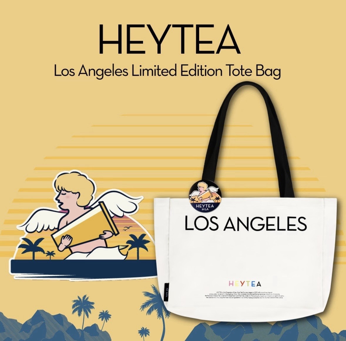 Heytea Los Angeles Tote Bag + Pin Pair Limited Edition 1st Heytea Western Coast