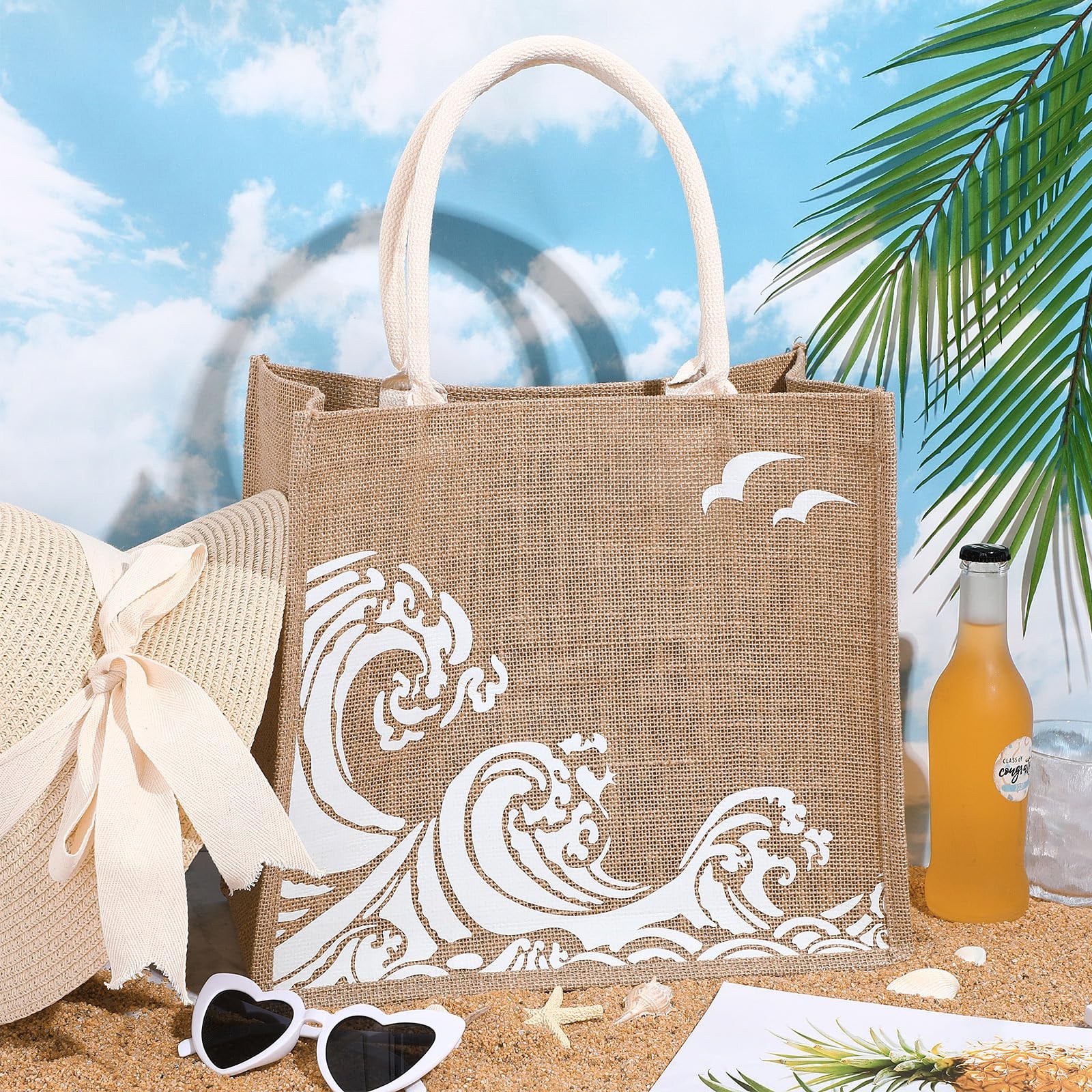6 PCS Beach Burlap Tote Bags Bulk Large Handles 14.2×12.6×7.5 Inch Main White