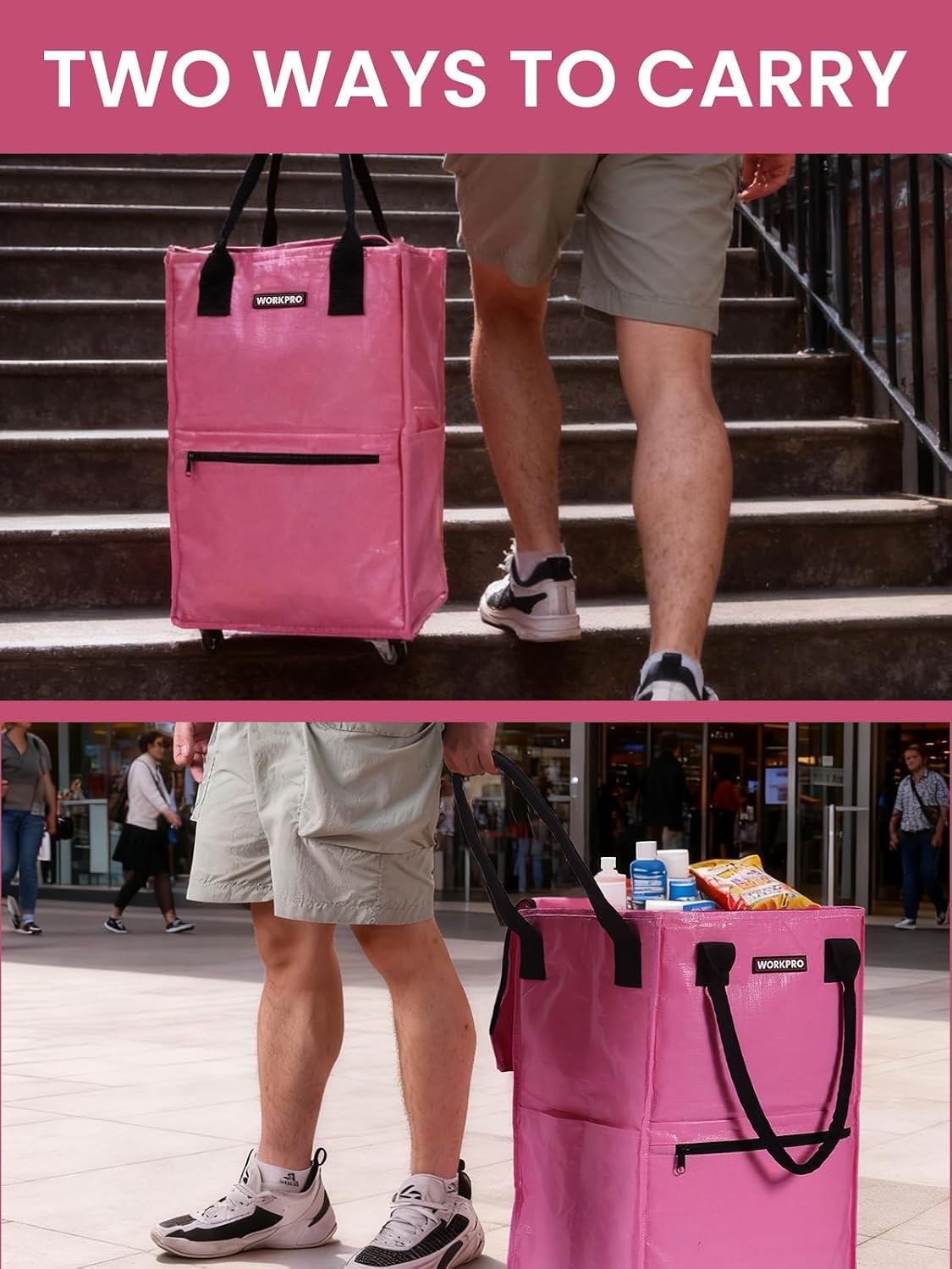 Heavy Duty Reusable Grocery Bag on Wheels Pink Medium Size Rolling Shopping