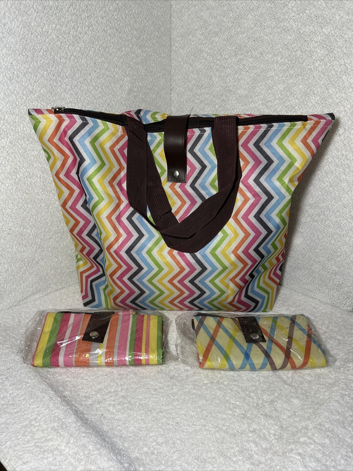 Reusable Chevron & Strips Print Foldable Tote Bag Colorful Nylon Zipper 3 Bags