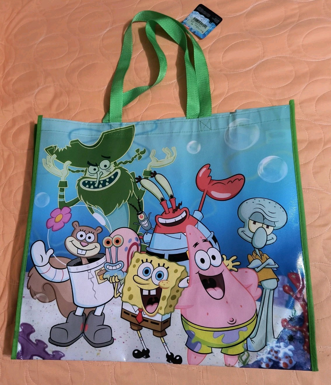 SpongeBob SquarePants Reusable Green Jumbo Shopping Gift Bag with Handle🆕🆓Ship