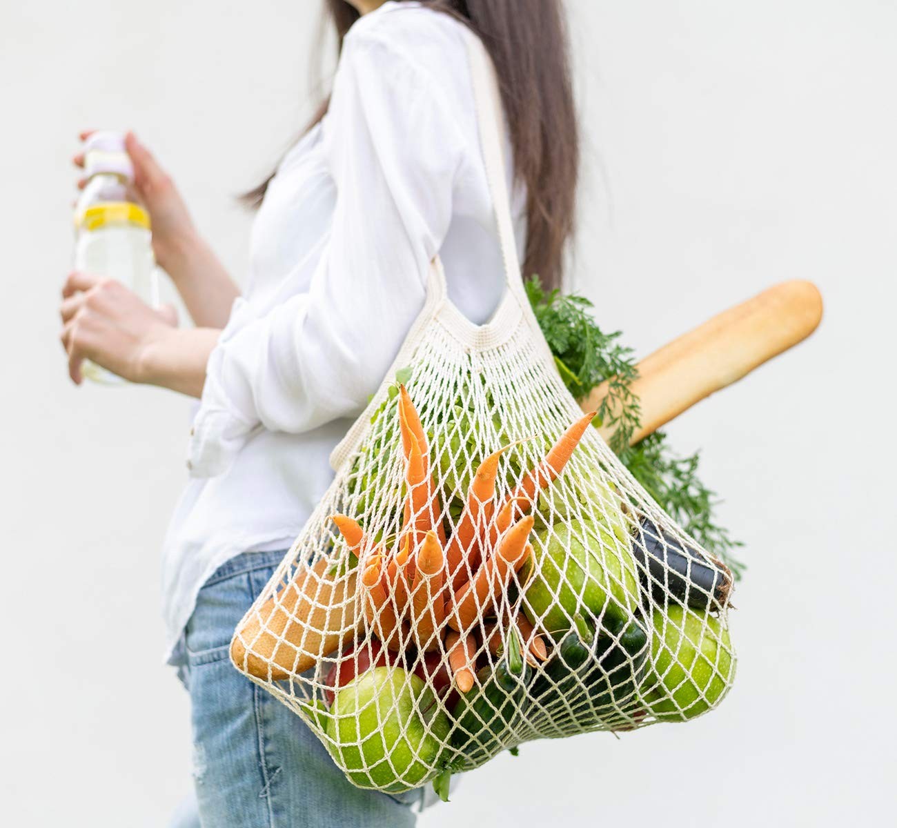 Mesh Grocery Bags, 5 Pack Reusable Washable Cotton String Shopping Bag, Cotton M