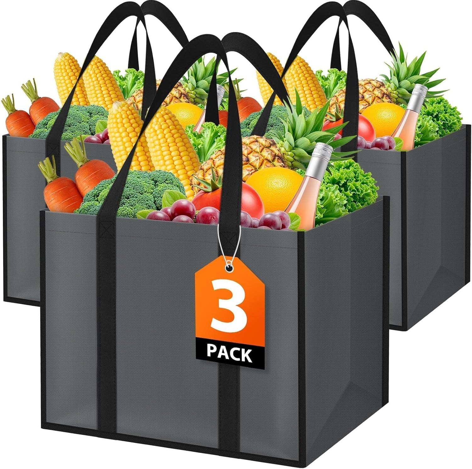 Reusable Grocery Bags With Handles 35L Large Shopping Bags Foldable 3 Pack