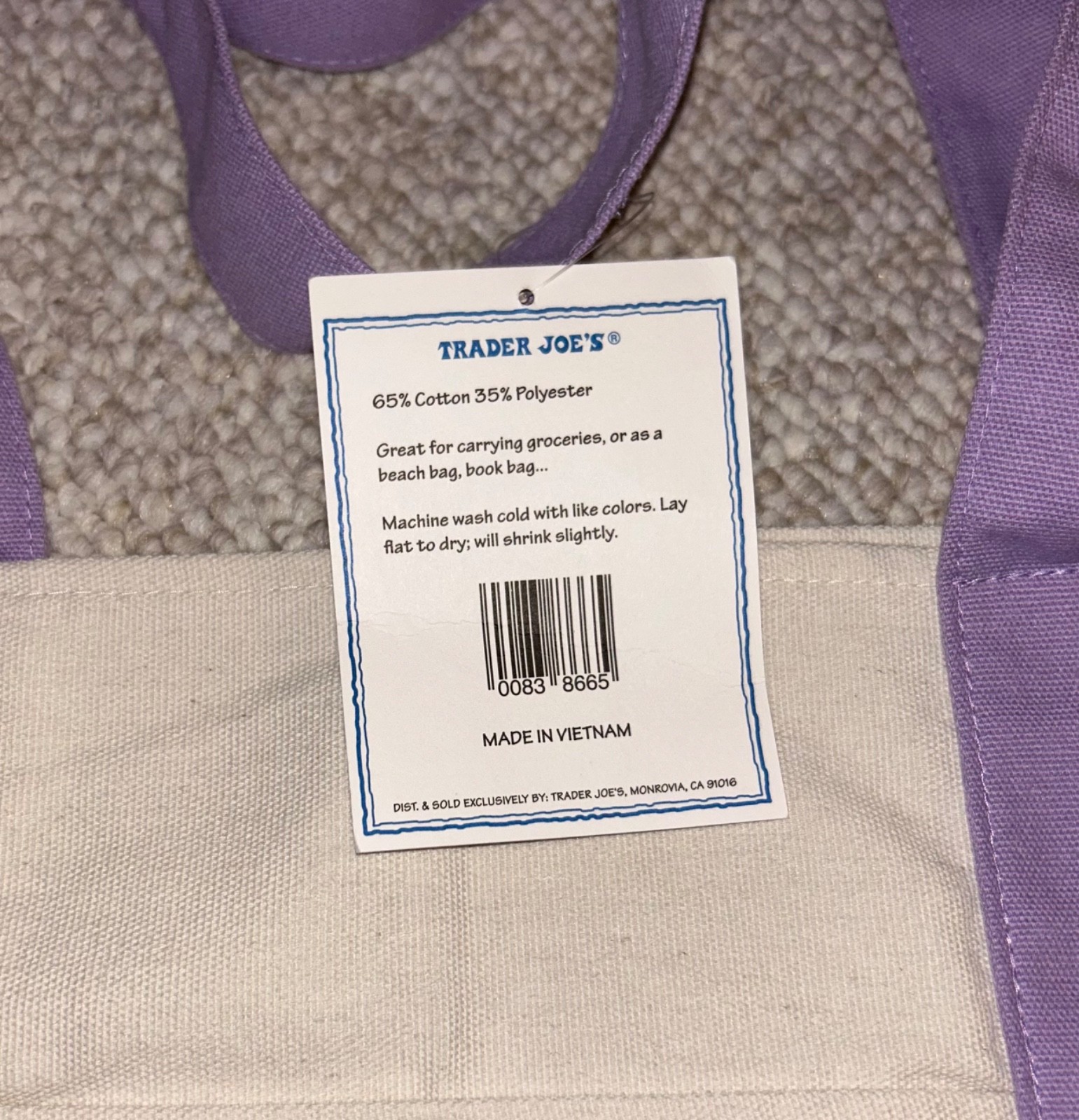 NWT Trader Joes Reusable Large Tote Bag Embroidered 21 x 14 Purple