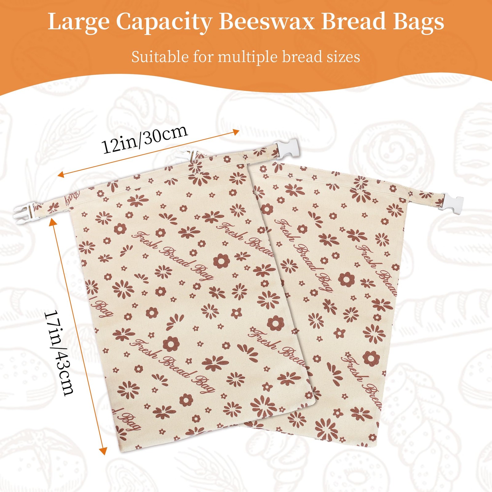 KONGDY 2 Packs Reusable Beeswax Bread Bags, Cotton 12in x 17in, brown, beige