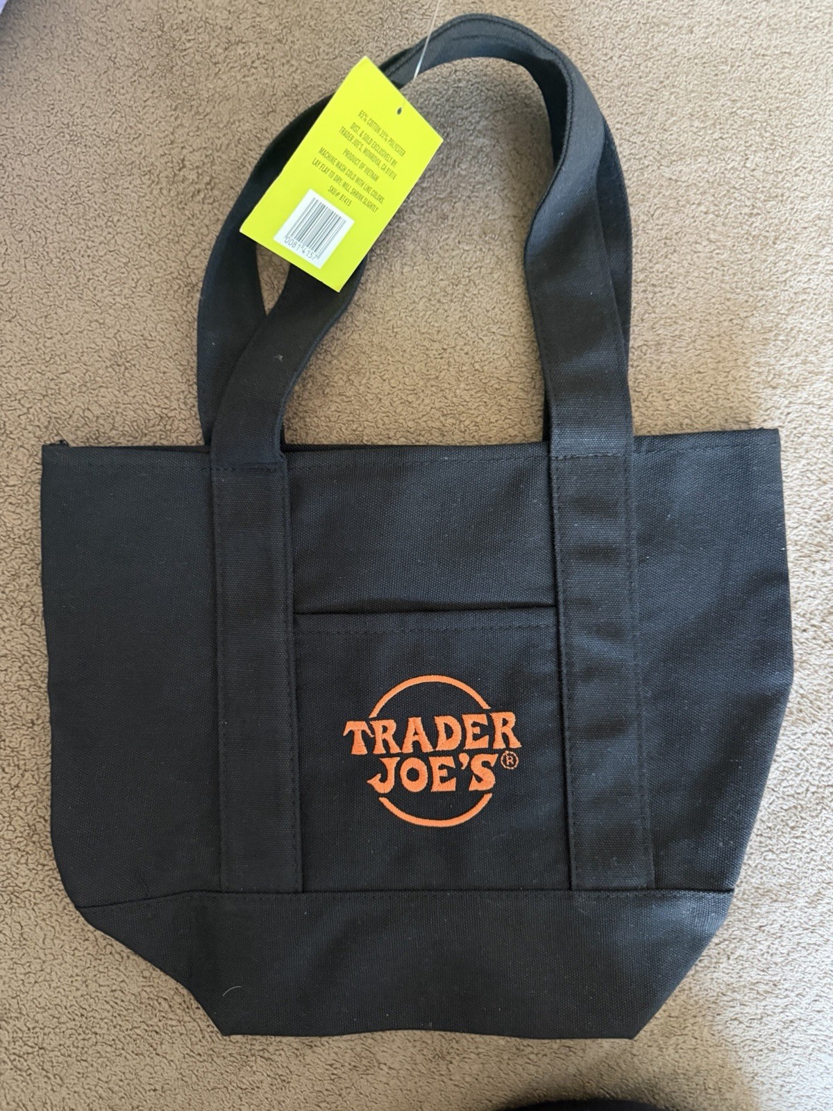 Trader Joe’s Black Canvas Tote Bag Orange Logo Reusable Grocery NEW