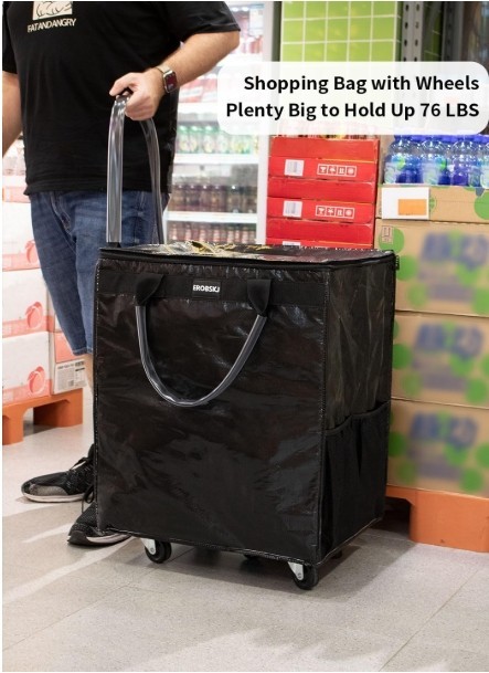 EROBSKJ Large Rolling Grocery Bag w/ 5 Wheels 76lb Capacity Foldable Black