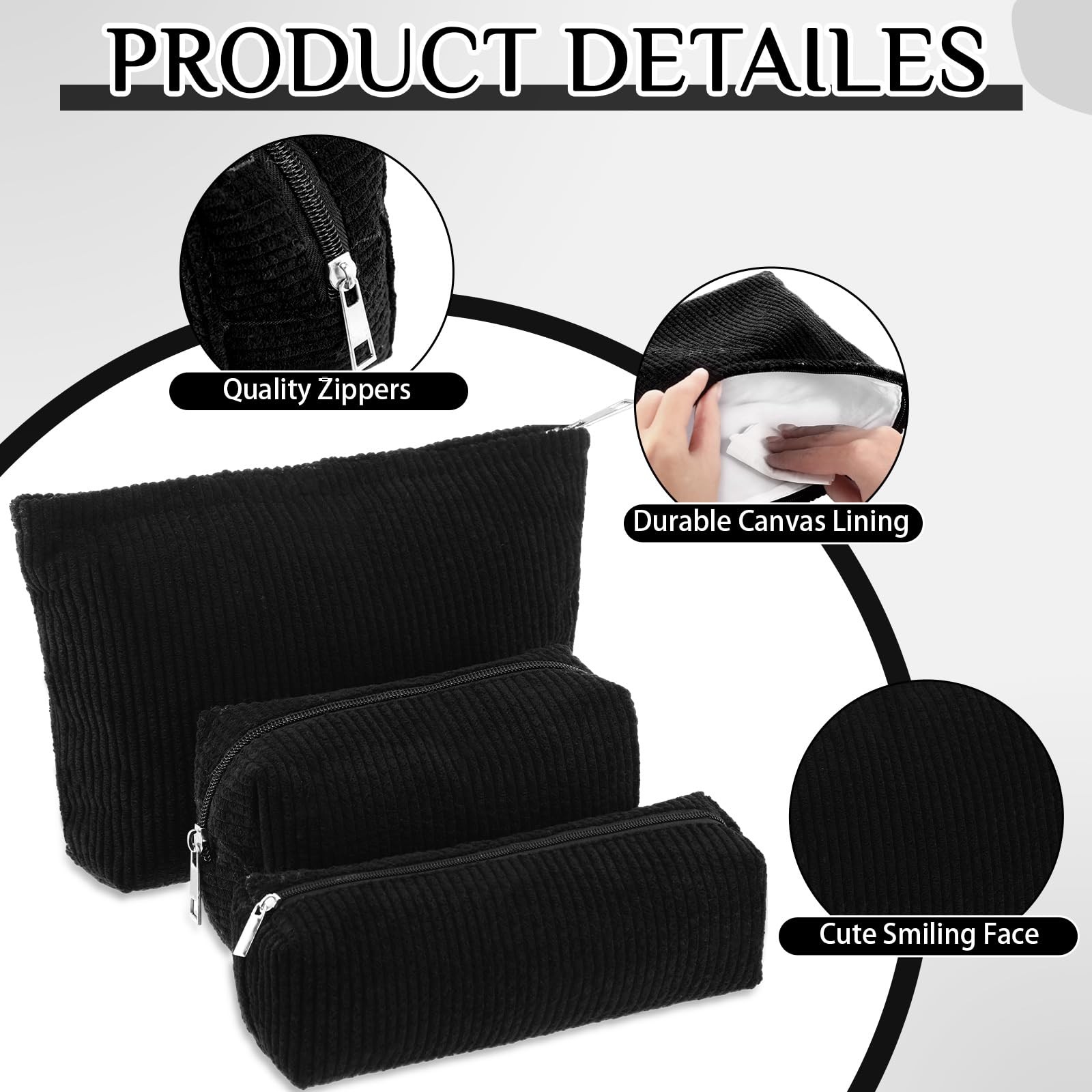 Huhumy 3 Pcs Makeup Bag Set for Women Corduroy Cosmetic Pouch Aesthetic Black