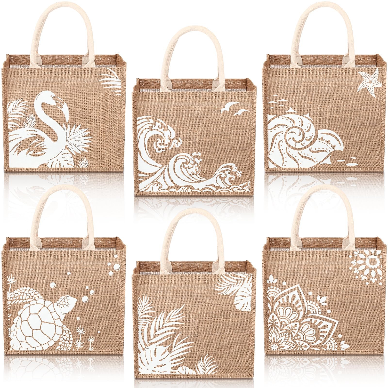 6 PCS Beach Burlap Tote Bags Bulk Large Handles 14.2×12.6×7.5 Inch Main White