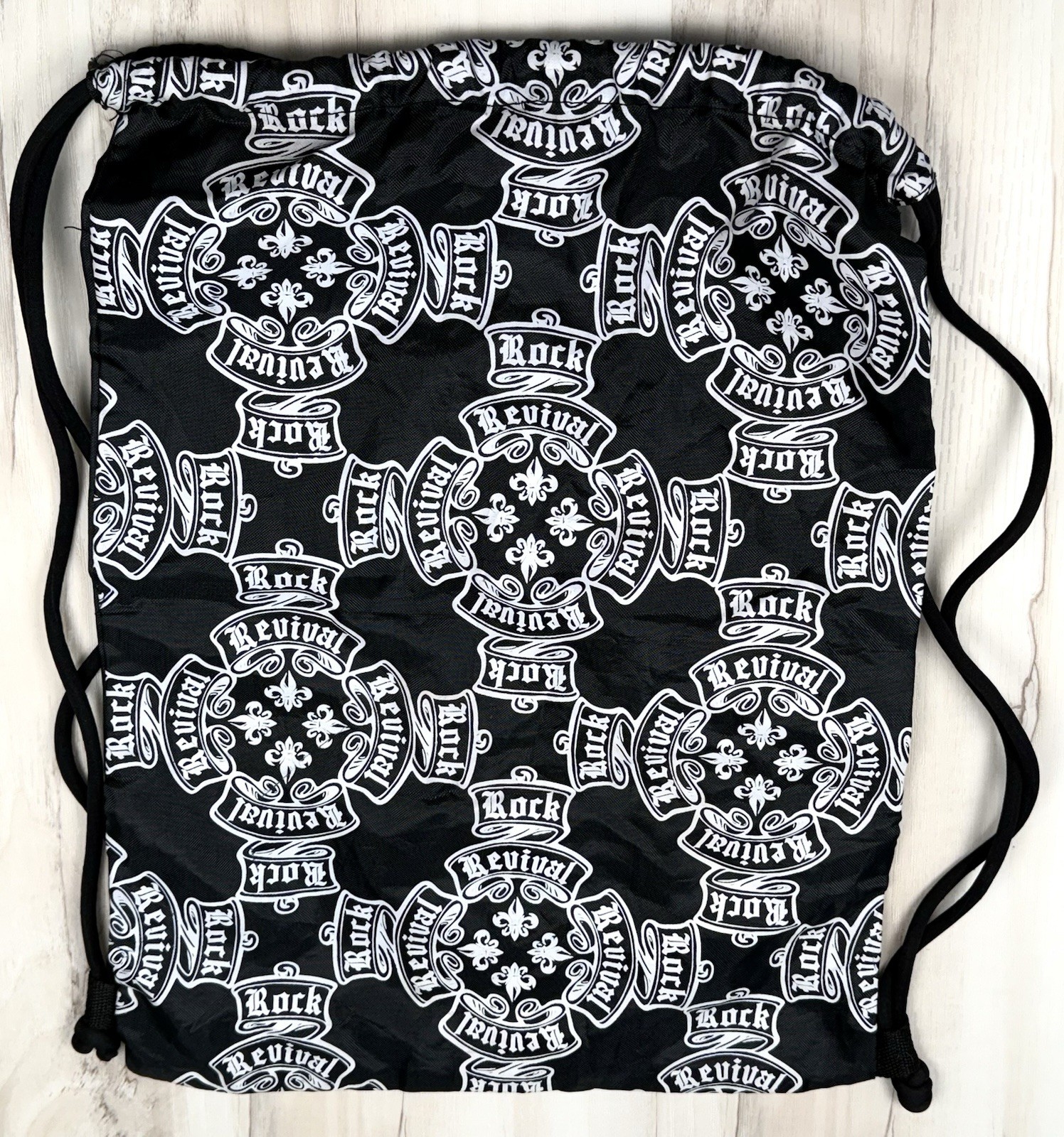 ROCK REVIVAL Buckle 13.5″x18.5″ Black Screenprint Logo Cinch Bag BACKPACK Tote