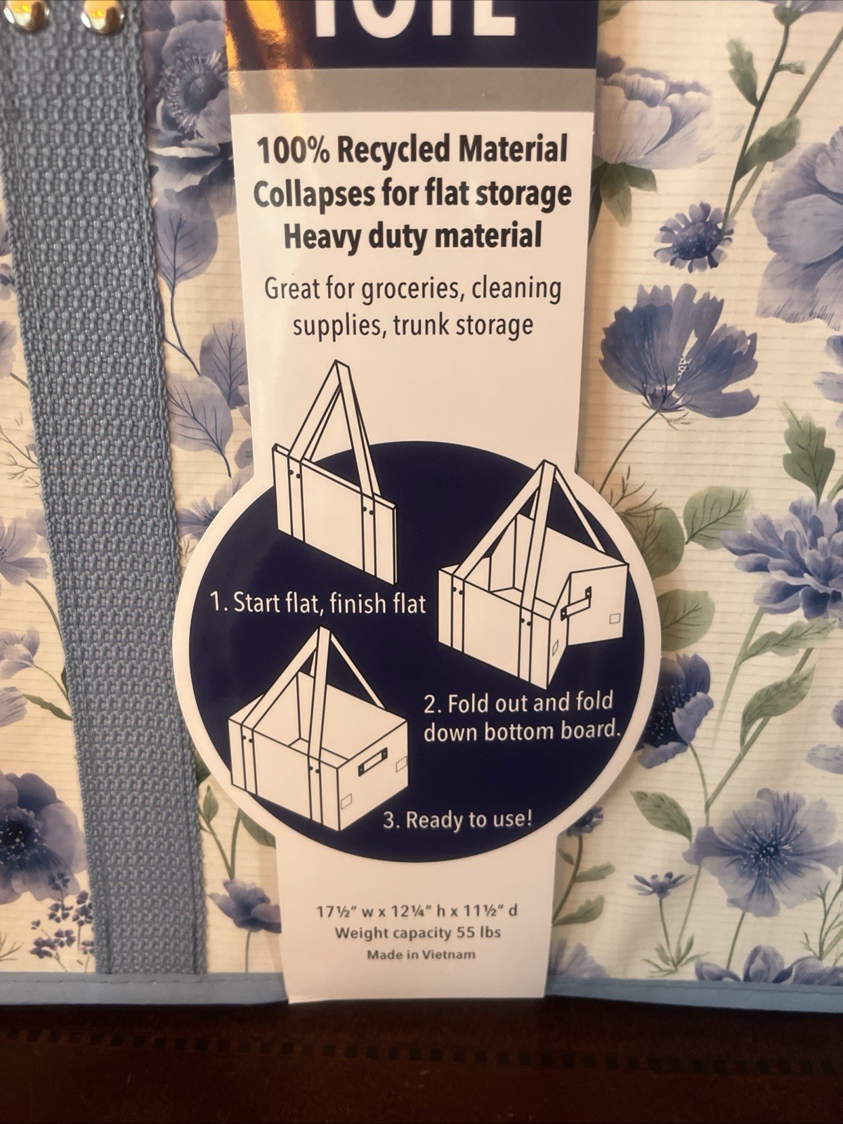 Collapsible Box Tote Reusable Folds Flat Heavy Duty Blue & White NEW