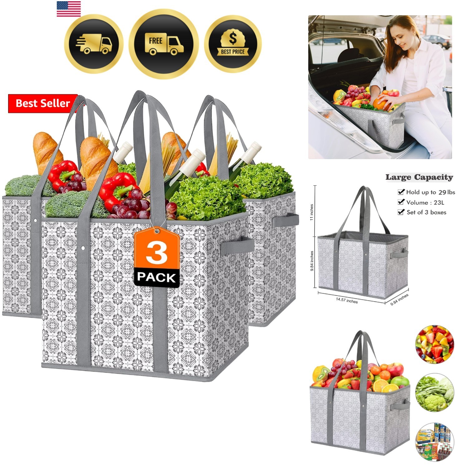 Reusable Grocery Bags [3 Pack],Large Grocery Tote Bag Water Resistant Shoppin…