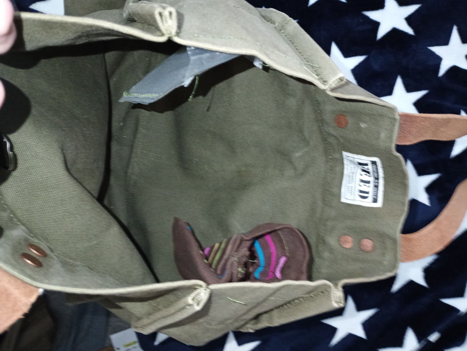 FEED Projects Canvas Tote Bag Olive Green Leather Handles Help Feed The Children