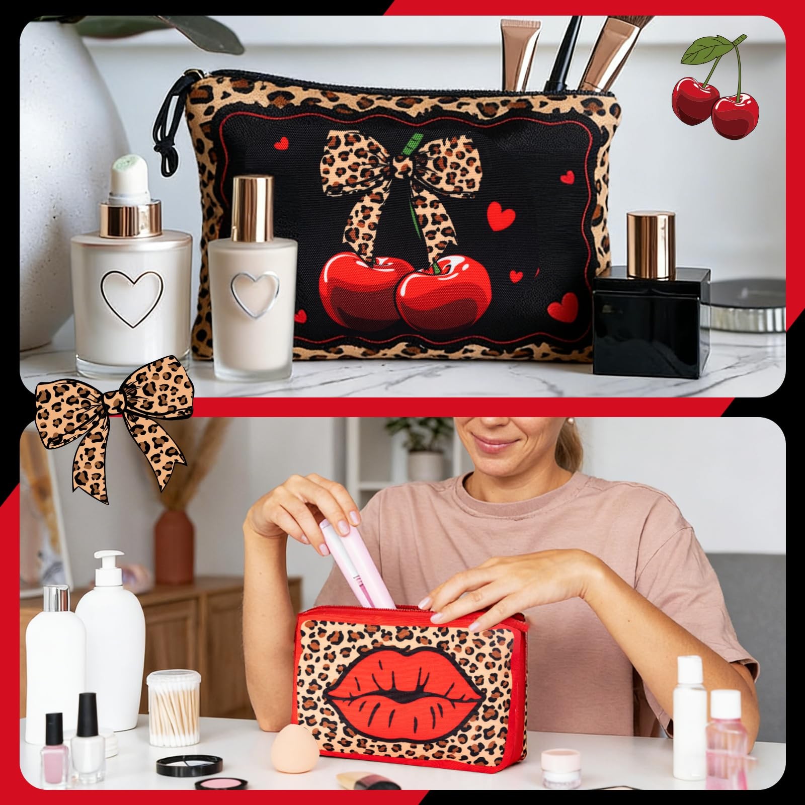Qeinwha 9 Pcs Cheetah and Cherry Makeup Bag 8.7 x 6.3 inches, Multicolor