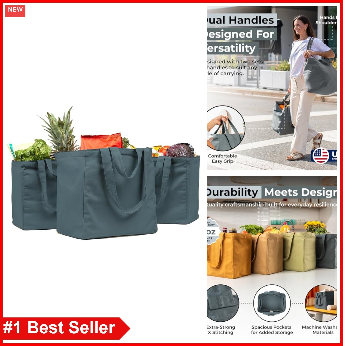 Canvas Grocery Bags Set of 3 XL 80lb Heavy Duty with Real Pockets Shoulder Strap