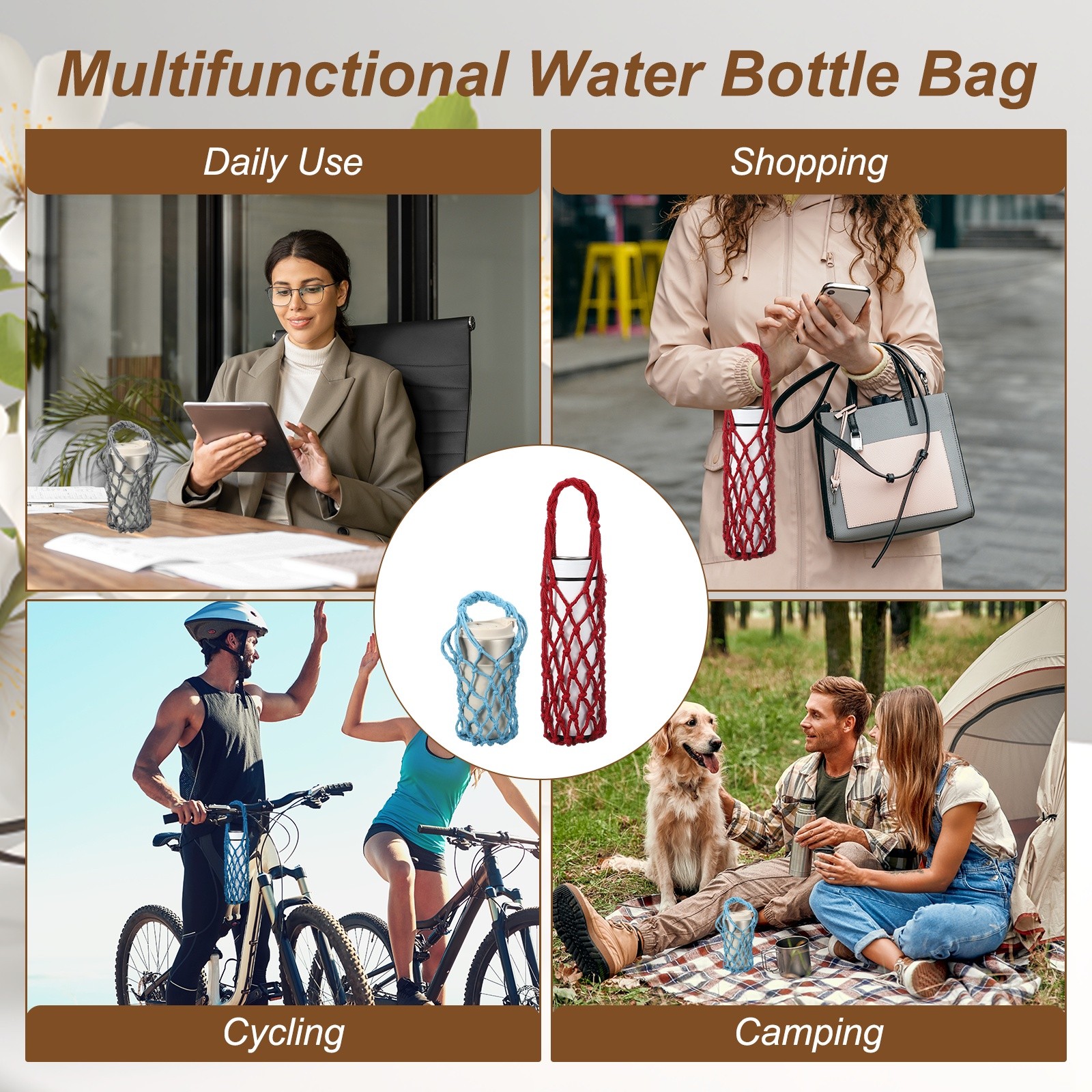 2 Pcs Crochet Water Bottle Carrier Bag for Hiking Shopping (Light Purple)