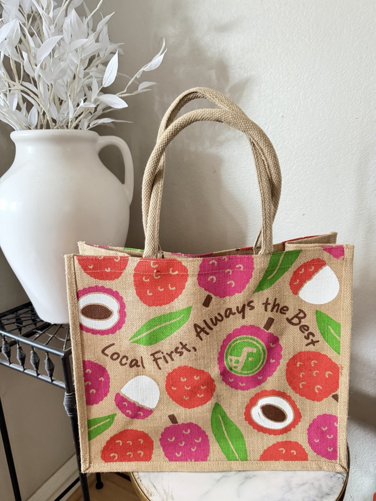 Foodland Jute Reusable Shopping Tote Bag Fruit Pattern With Handles 14x13x6″