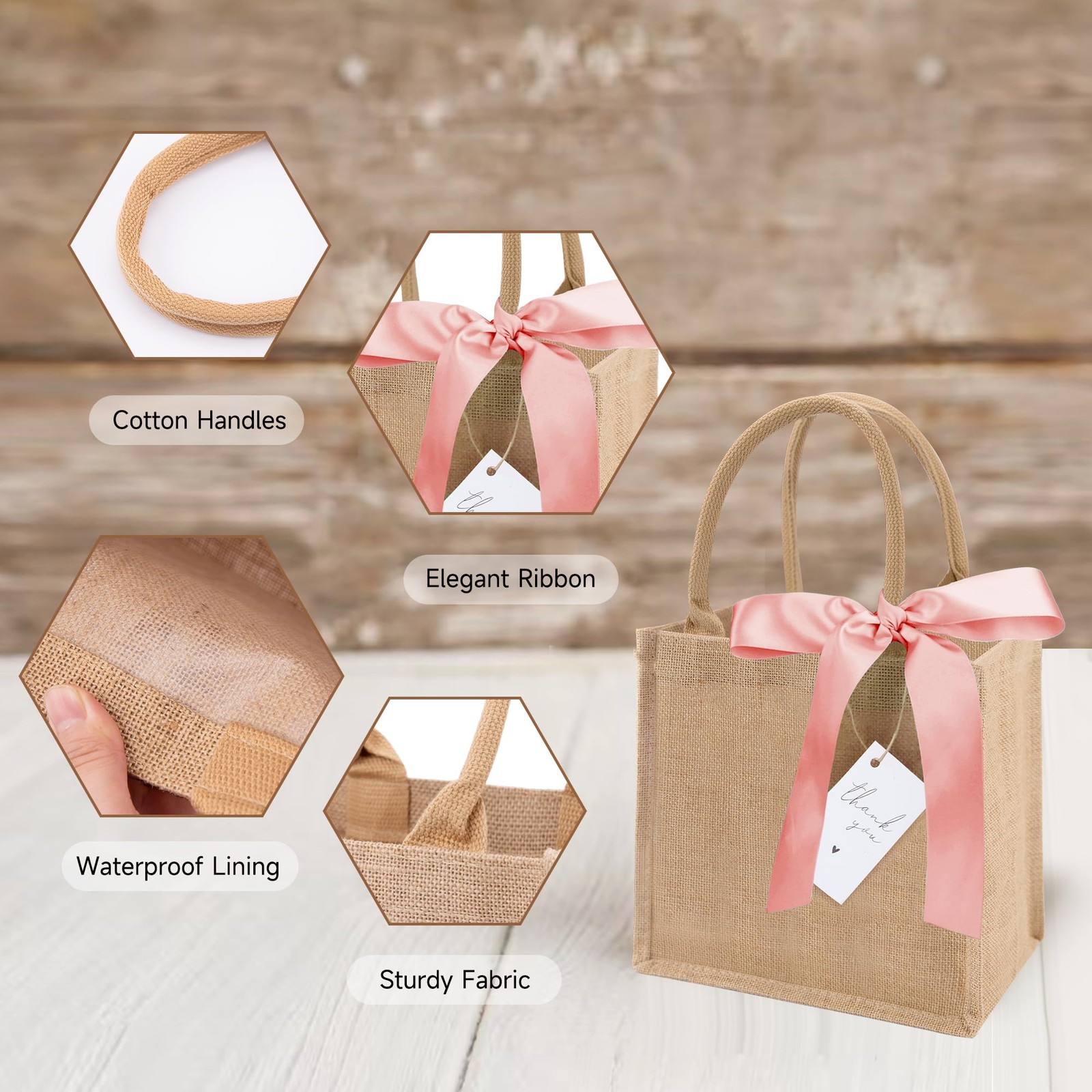 Burlap Tote Bags 6 Pack Reusable Mini Jute Handle Pink Ribbon Wedding Favor
