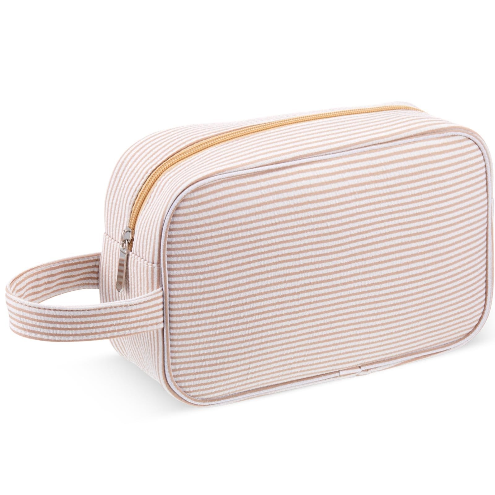Huhumy Seersucker Makeup Bag for Women Cosmetic Cute Stripe Trendy Khaki