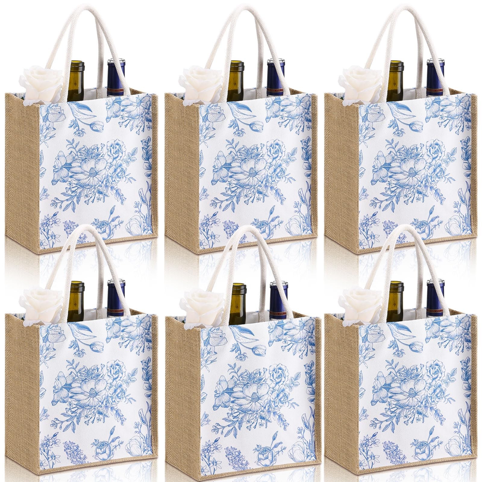 6 Pcs Bridesmaid Bags Blue White Vintage Floral Burlap Tote Bridal Party Gift…