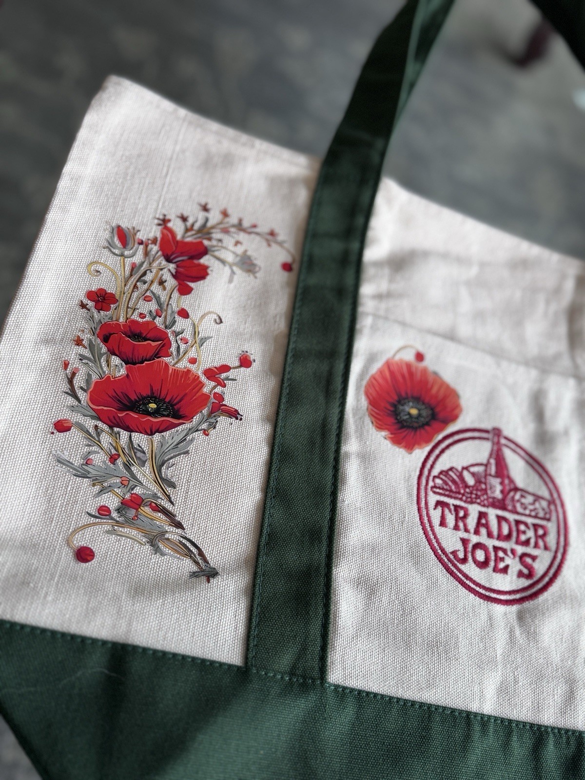 Trader Joe’s Canvas Reusable Shopping Bag Foldable Floral Beige Green Red
