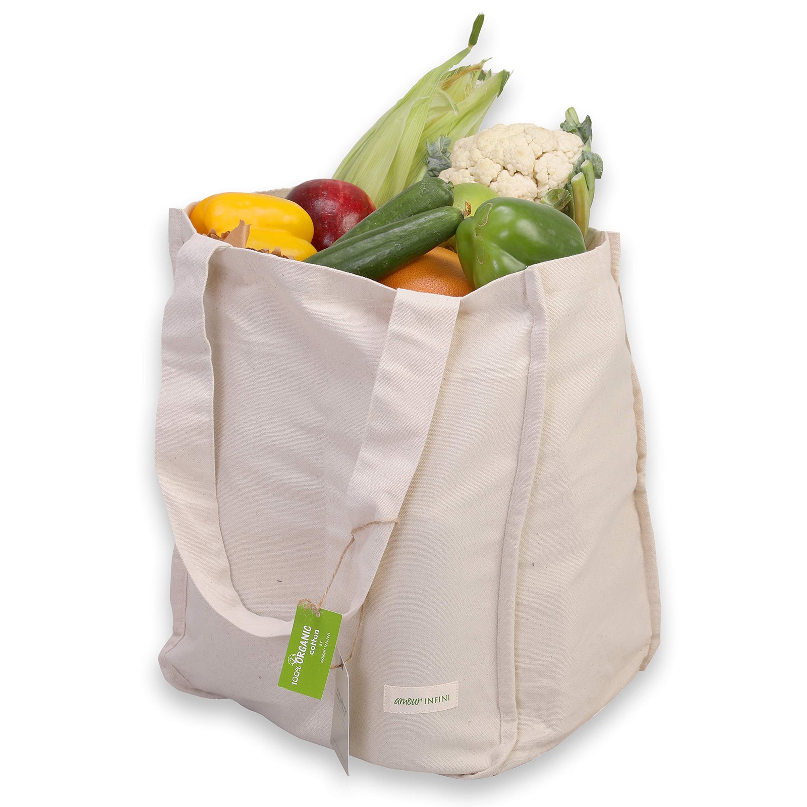AMOUR INFINI Organic Cotton Grocery Bags Set of 1 – Shopping Bag, White 2