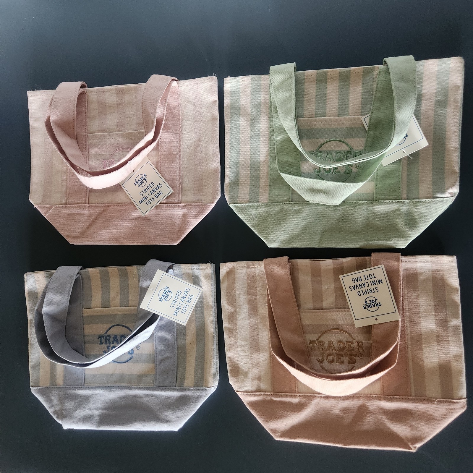 Trader Joes Mini Totes 2026 Set Of Four-Green, Brown, Blue, Pink