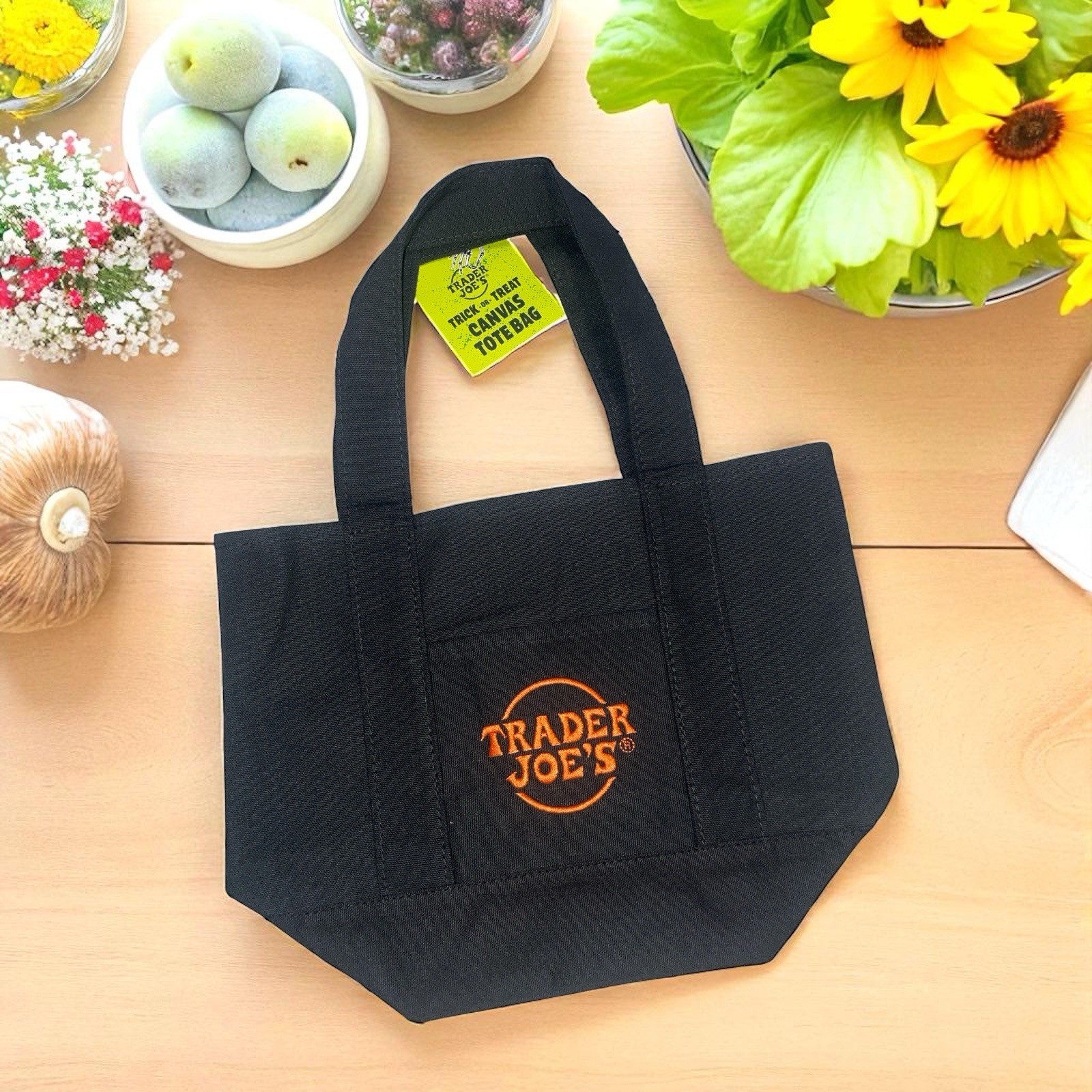 Limited Trader Joe’s Mini Halloween Canvas Tote Bag BLACK W Orange Lettering