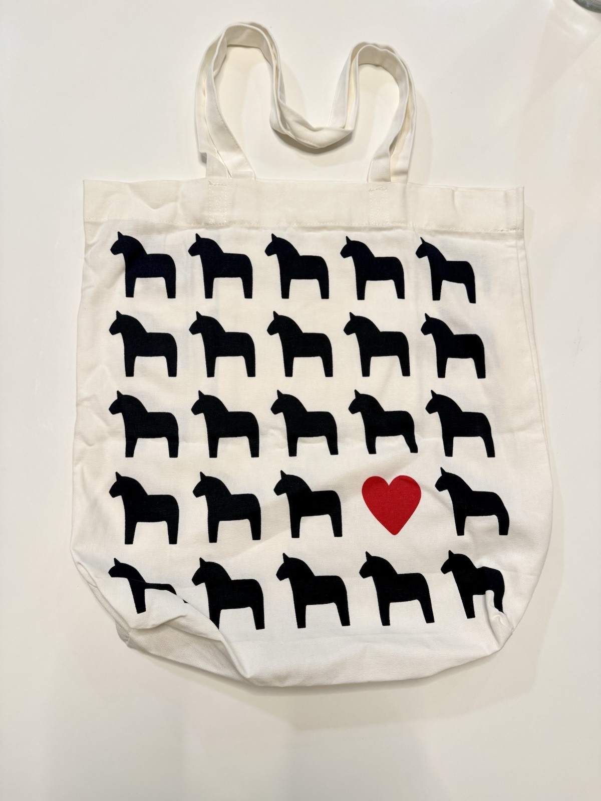IKEA Canvas Shopping Tote Bag, Black Horse And Red Heart Print