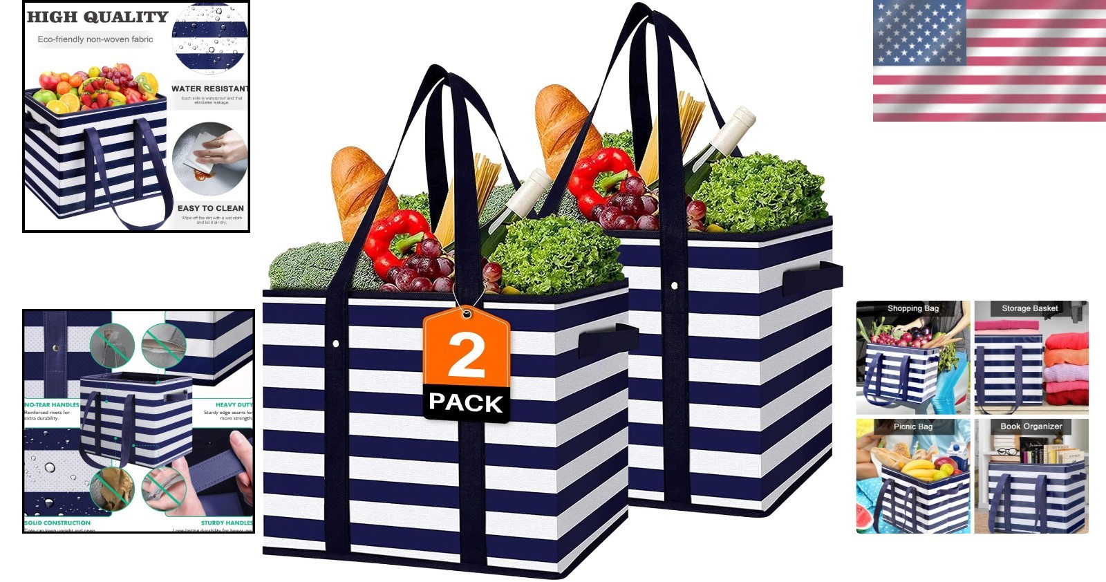 Durable 2 Pack Reusable Tote Bags – Large Size, Collapsible & Water-Resistant