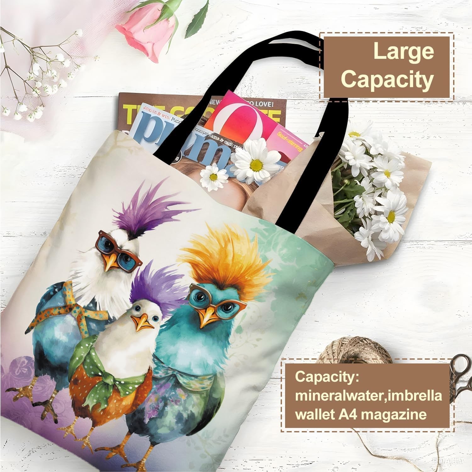 Funky Chicken Canvas Tote Bag – Double-Sided Printed Colorful Shoulder Bag wi…