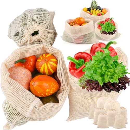 8 Pack Reusable Produce Bags Grocery Washable, 2 × XL, 2 × L, 2 × M, 2 × S