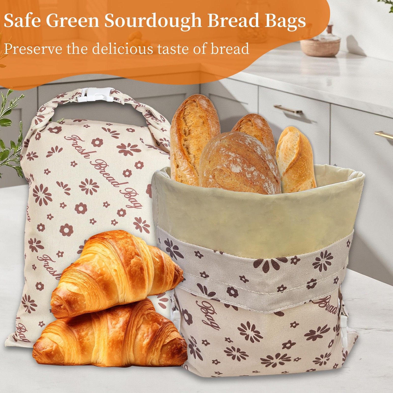 KONGDY 2 Packs Reusable Beeswax Bread Bags, Cotton 12in x 17in, brown, beige