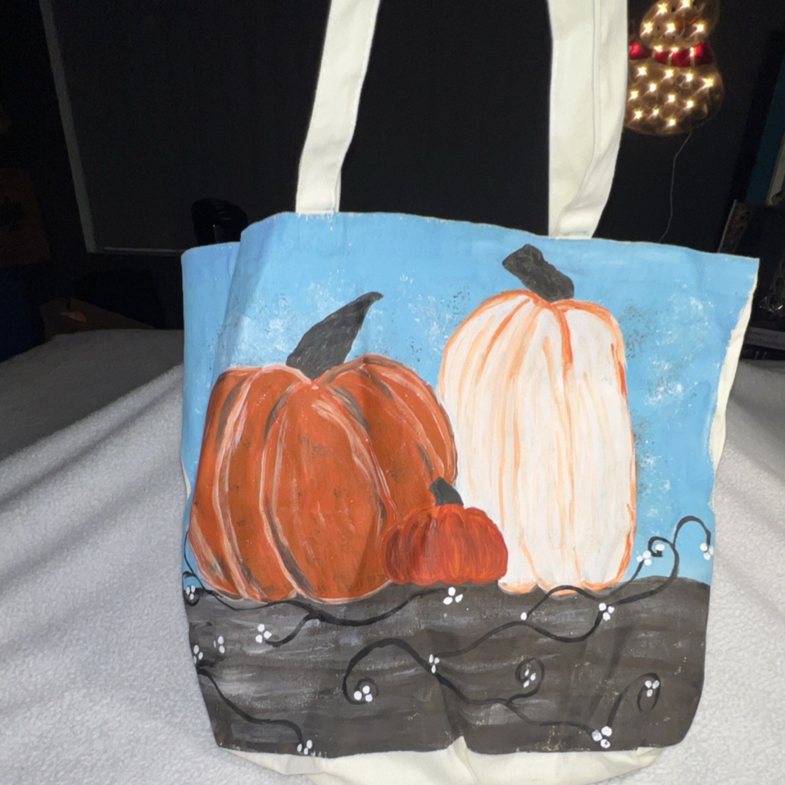 Foldable Canvas Reusable Shopping Bag Pumpkin Print Orange White Blue