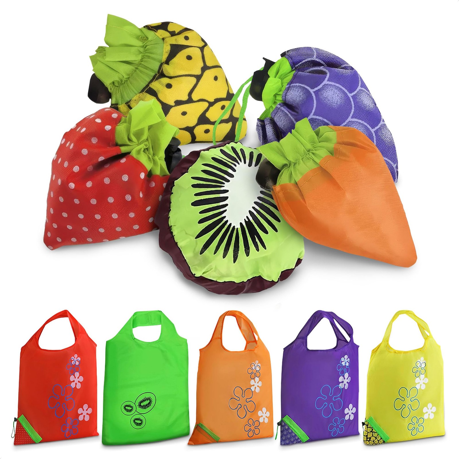 5 PCs Fruit Micro Tote Bag – Reusable Grocery Bags Foldable with 15″x15″ Capa…