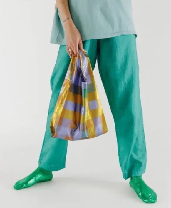 Set Of 2 BAGGU Baby Reusable Bag MADRAS METALLIC Plaid Purple Gold Tote NWT