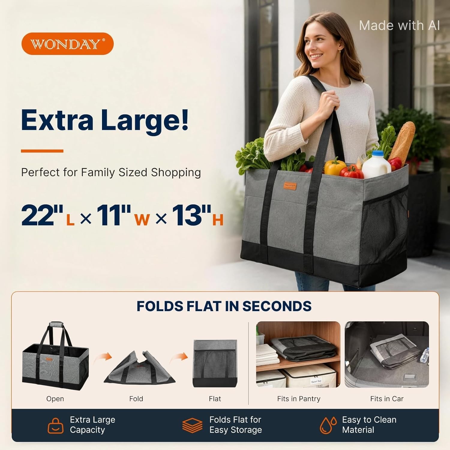 Versatile Large Grocery Tote – Extra Spacious, Waterproof, Collapsible Design