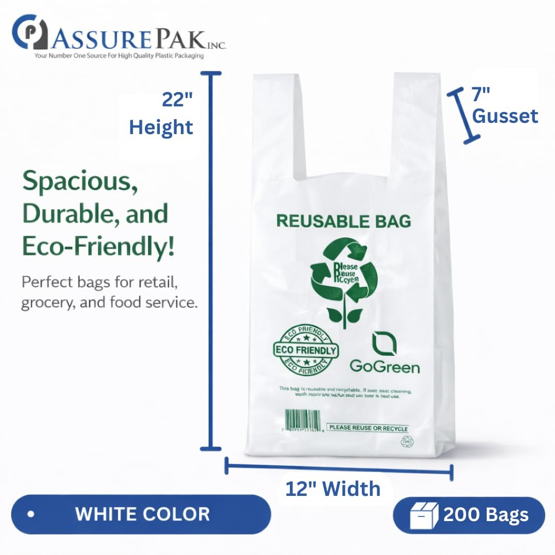 ASSUREPAK Reusable White PP Non-Woven Bags – 200 Pack Bulk – 12” x 7” x 22” -…