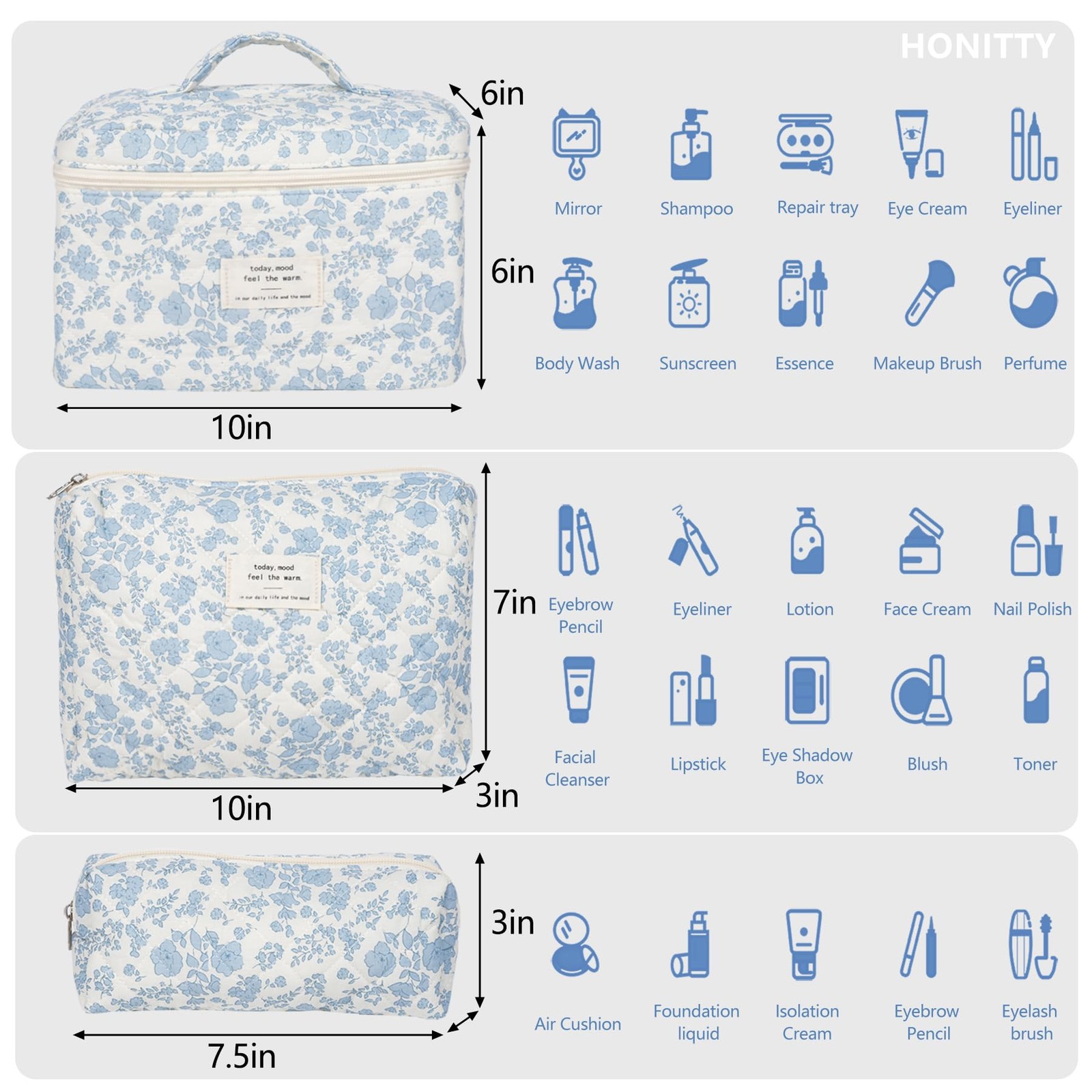 Makeup Bag,Quilted Cosmetic Bag,Large Floral Make Up Bag for Mini, Blue-White