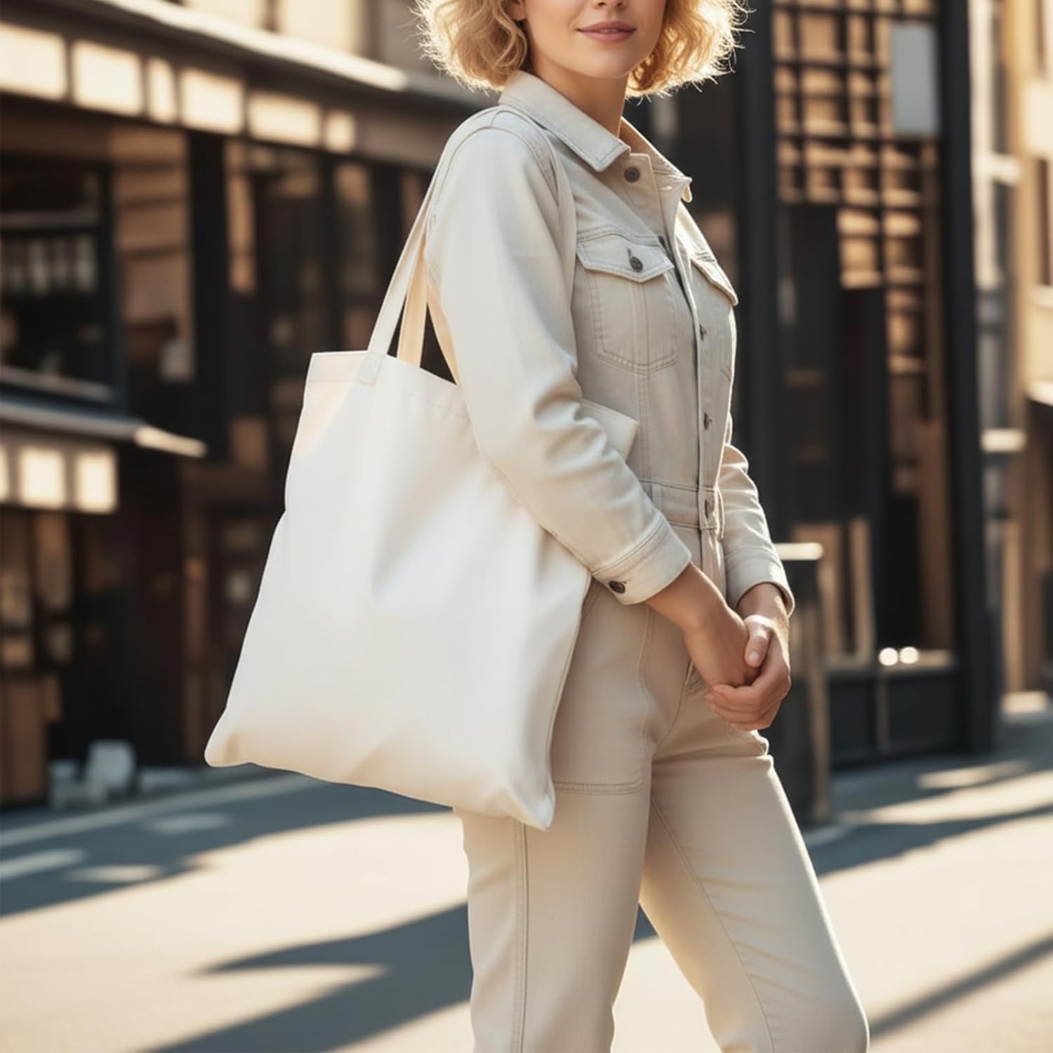 1Pc Natural Canvas Reusable Tote Bag with Handle for Shopping DIY Gift