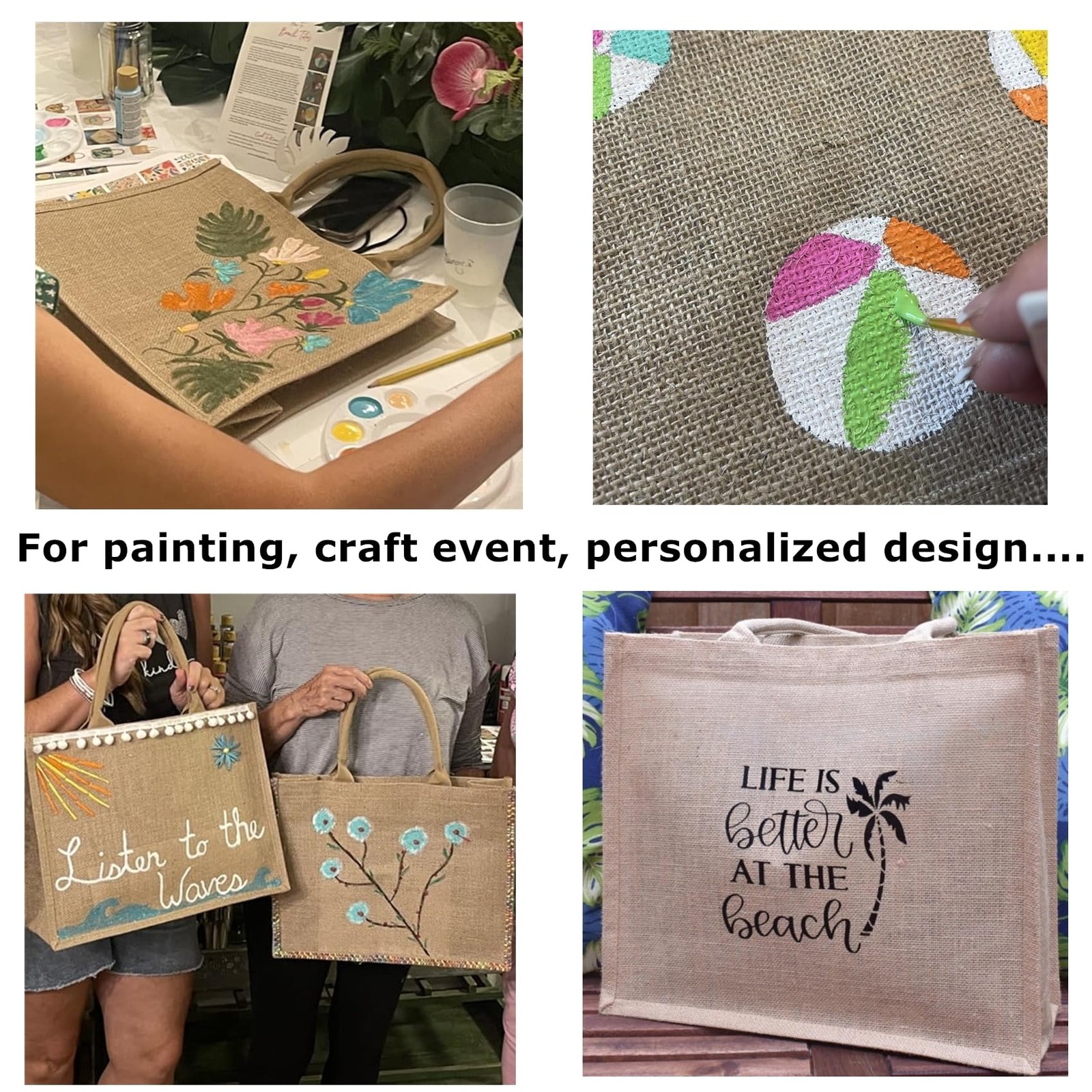6 Pack Jute Tote Bag Reusable Burlap Beach Rounded Handles 15.4×12.2×5.9