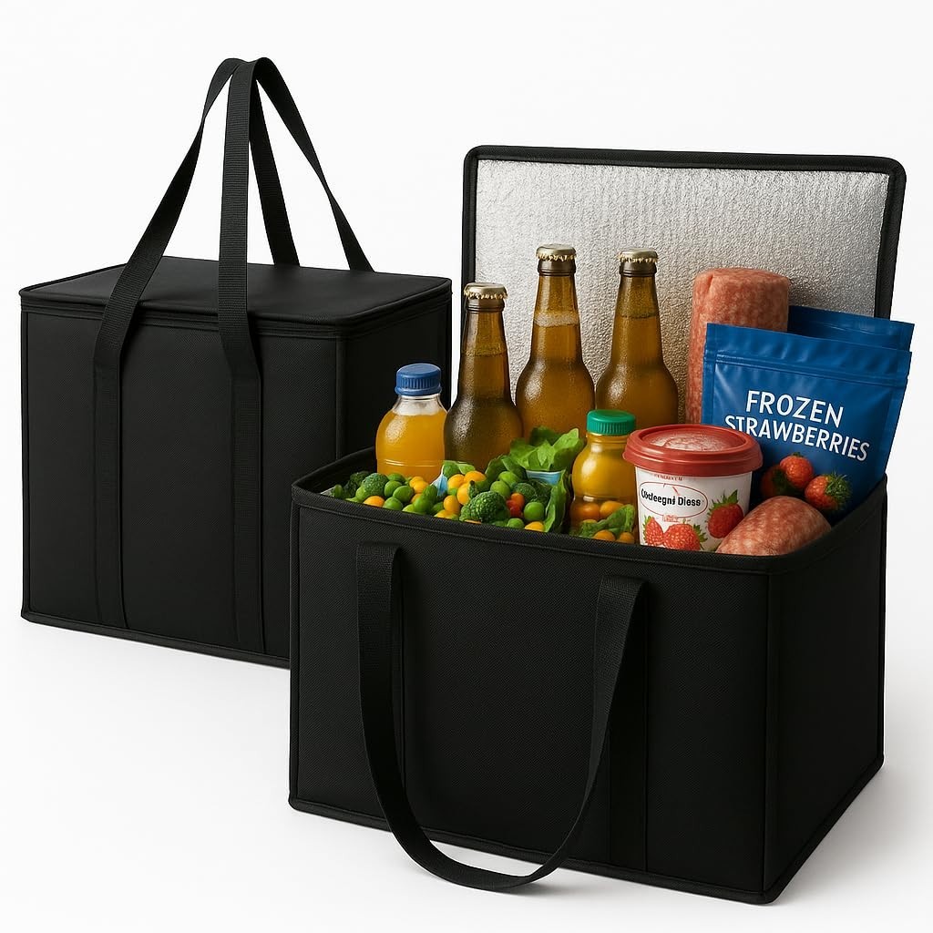 2-Pack, XL-Large Insulated Grocery Shopping Bags, Black, Reusable Bag,Thermal…