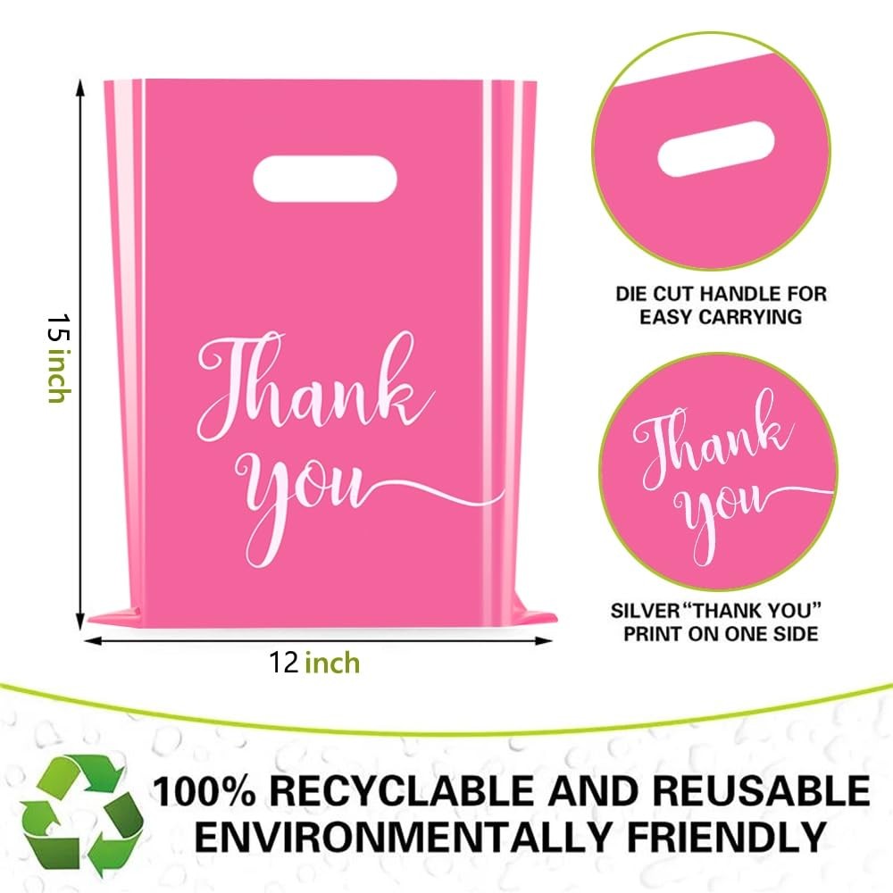 Pink Thank You Merchandise Bags, Large 12×15 inches, 100 Pack Retail Gift Bags