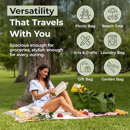 Canvas Grocery Bags Set of 3 Heavy Duty Reusable 80lbs Capacity Shoulder Strap
