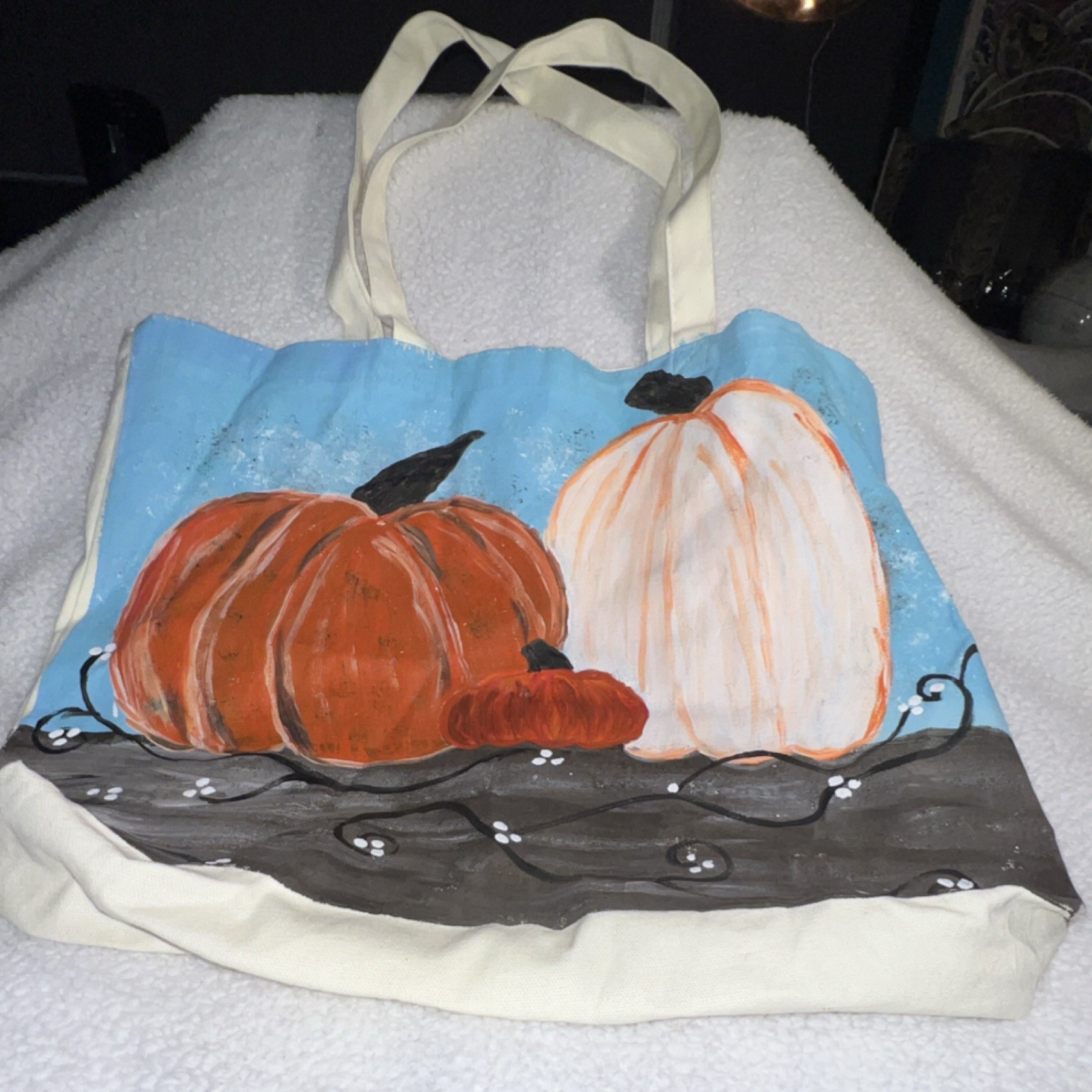 Foldable Canvas Reusable Shopping Bag Pumpkin Print Orange White Blue