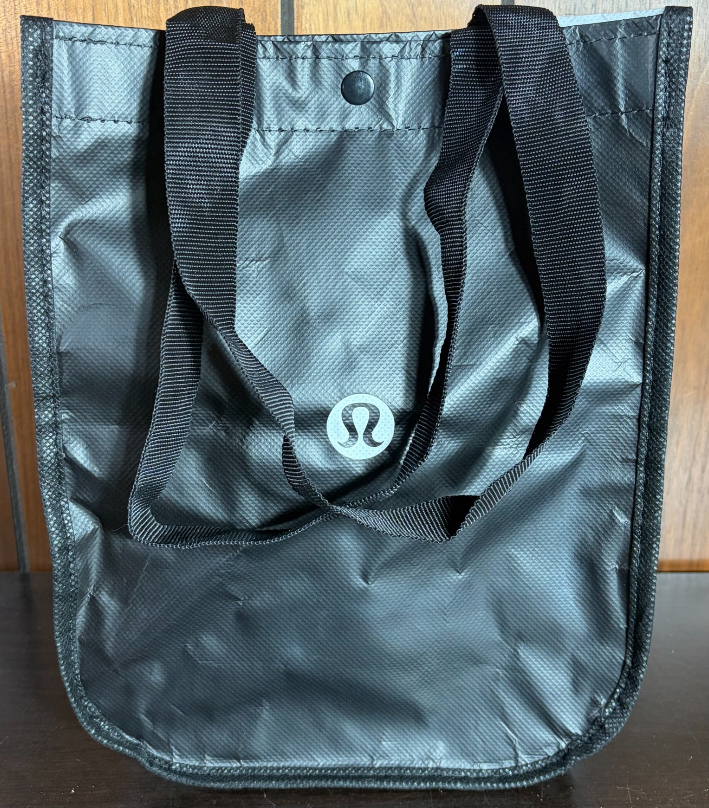 Lululemon Reusable Tote Bag Black Gray Small Shopping Lunch Eco Bag Snap Closure