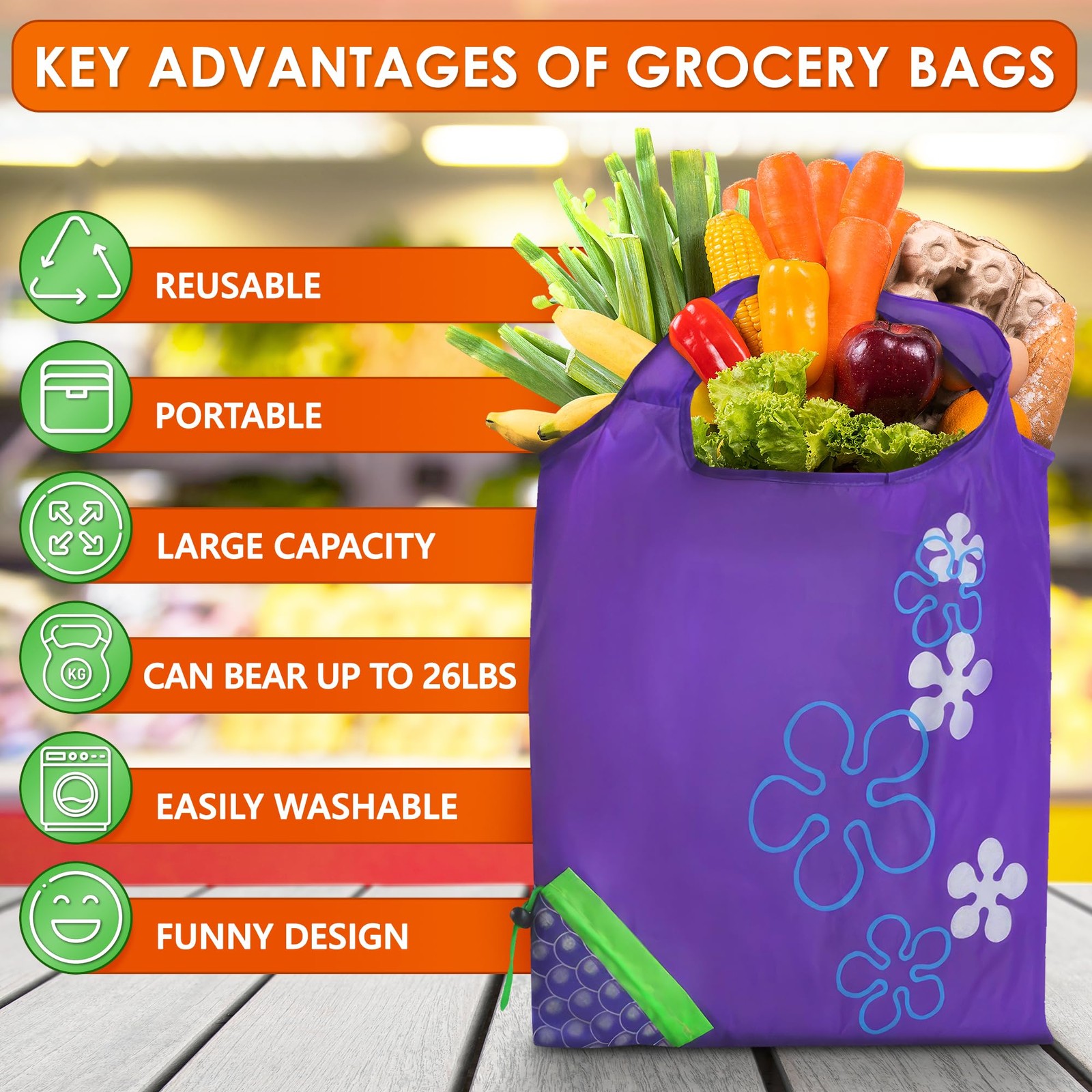 5 PCs Fruit Micro Tote Bag – Reusable Grocery Bags Foldable with 15″x15″ Capa…