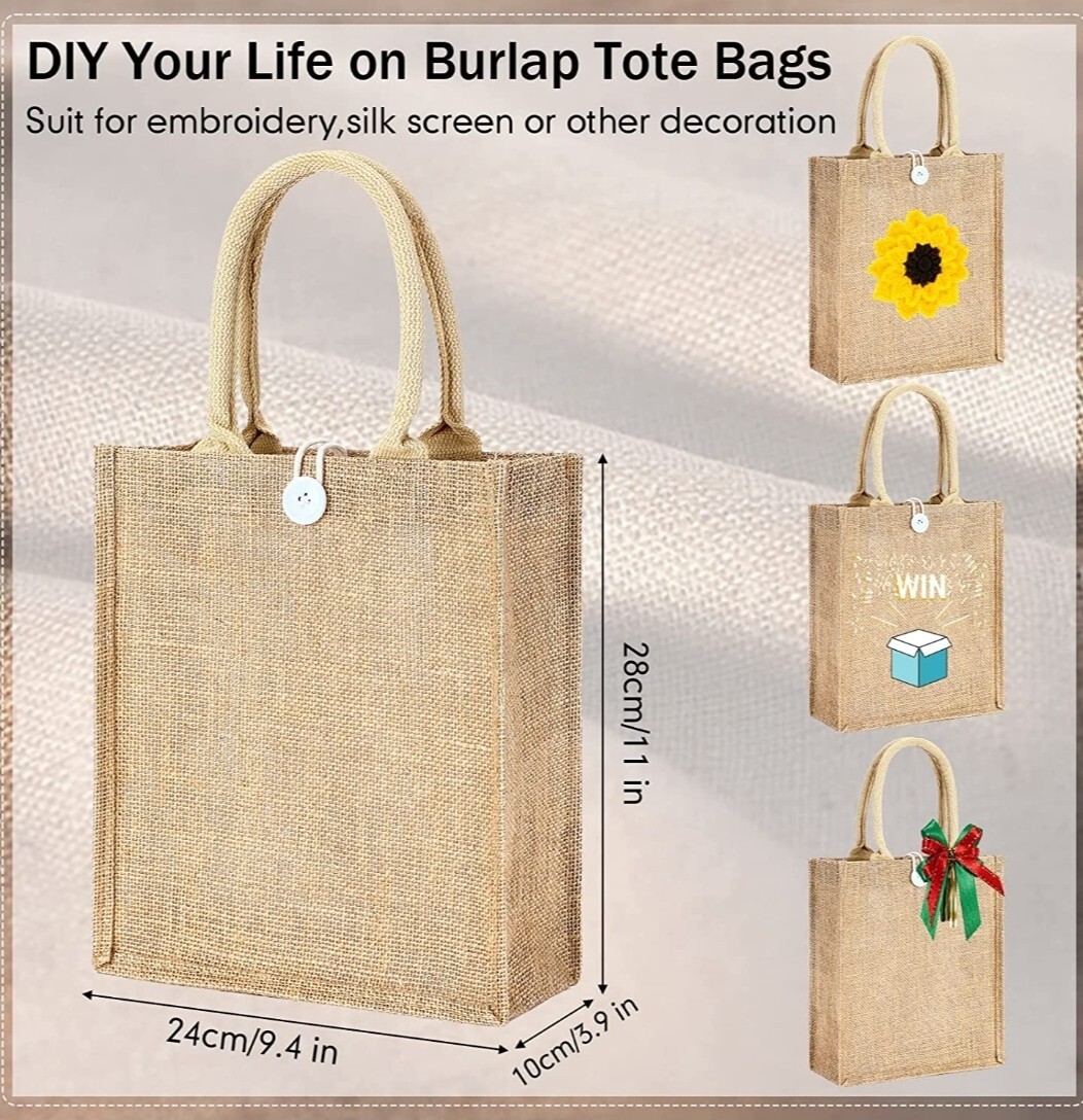 Burlap Tote Bags with Handles Button Beach Grocery Bags 11×9.4×3.9″ 2 Pack