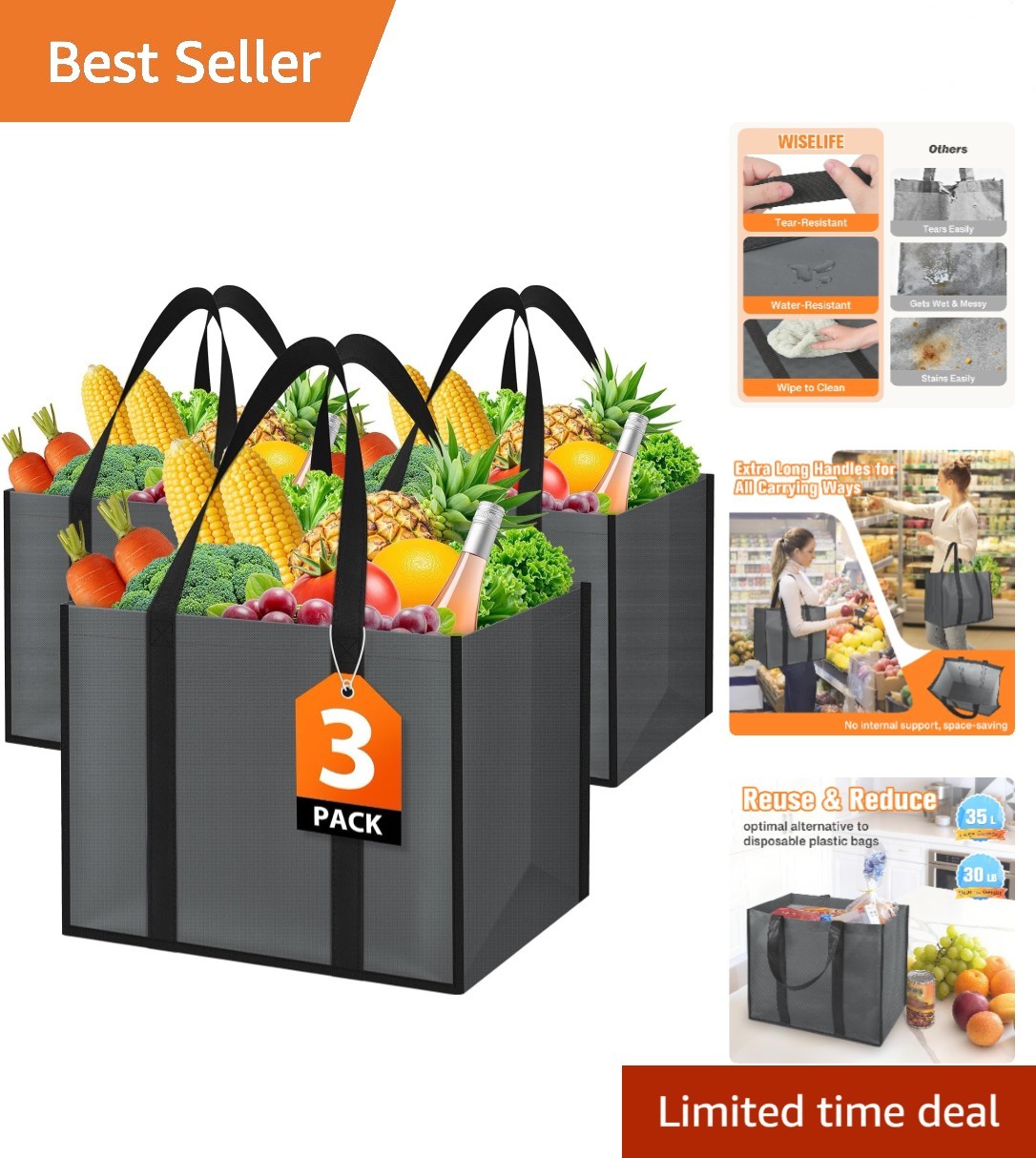 Collapsible Reusable Grocery Bags Heavy-Duty Shopping Tote Box Reinforced Handle